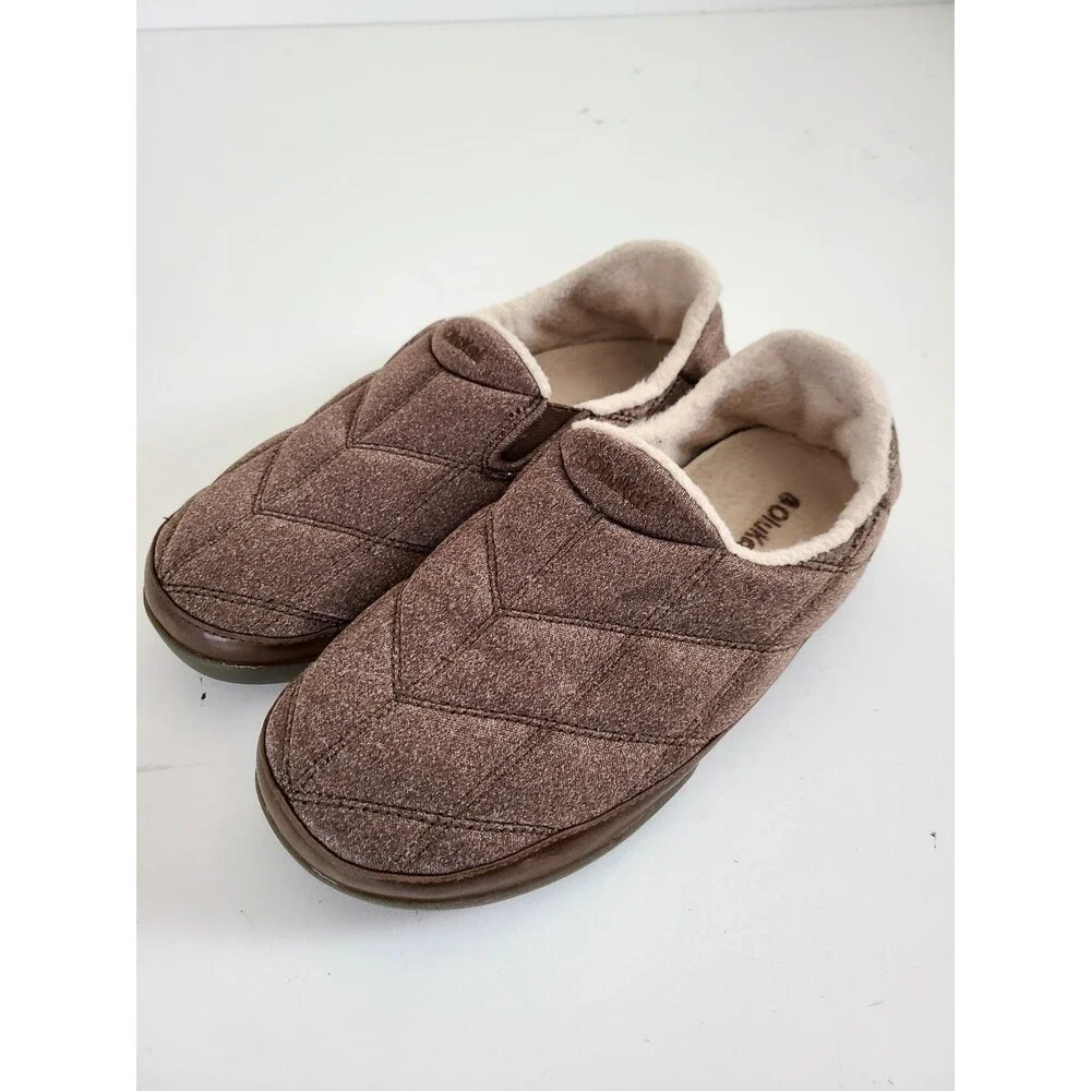 OluKai Mens Puku'i Brown Quilted Fleece Slippers Shoes Size 8 Hard Bottom